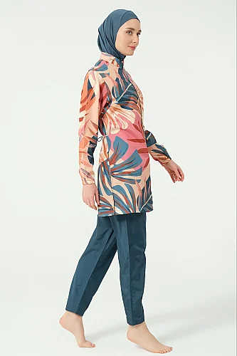 Alfasa Vanilya Desenli Tam Kapalı Tesettür Mayo 25290-26 - Petrol - 6