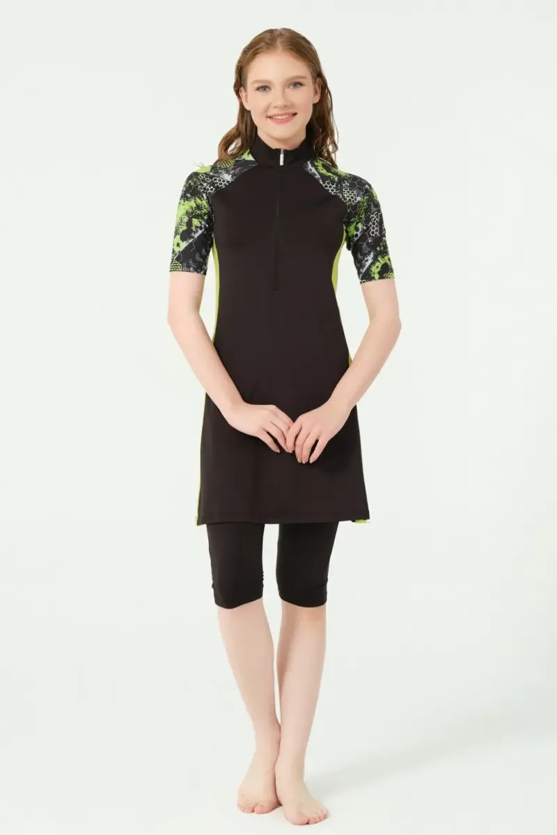 Alfasa Yarım Fermuarlı Fit Yarım Kol Yarı Kapalı Mayo 24710-25 Yeşil - 1