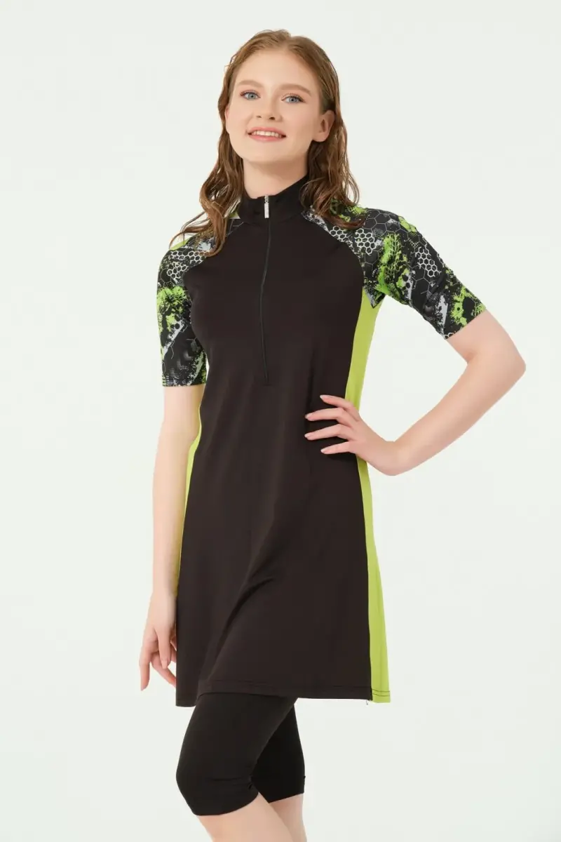 Alfasa Yarım Fermuarlı Fit Yarım Kol Yarı Kapalı Mayo 24710-25 Yeşil - 2