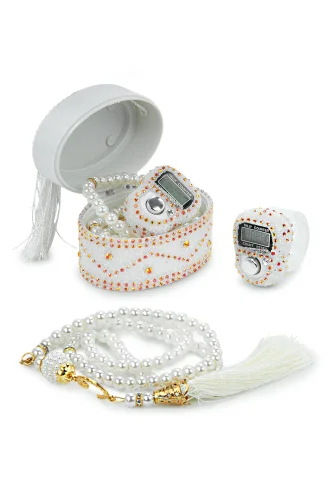 Allah Lafızlı Taş Süslemeli Püsküllü Kutulu Zikirmatik ve İnci Tesbihli Mevlüt Hediye Seti Beyaz 