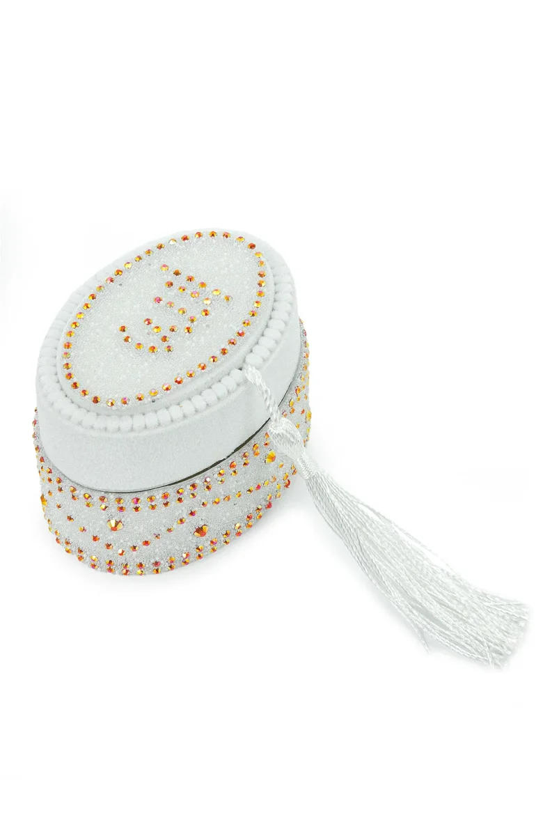 Allah Lafızlı Taş Süslemeli Püsküllü Kutulu Zikirmatik ve İnci Tesbihli Mevlüt Hediye Seti Beyaz - 3