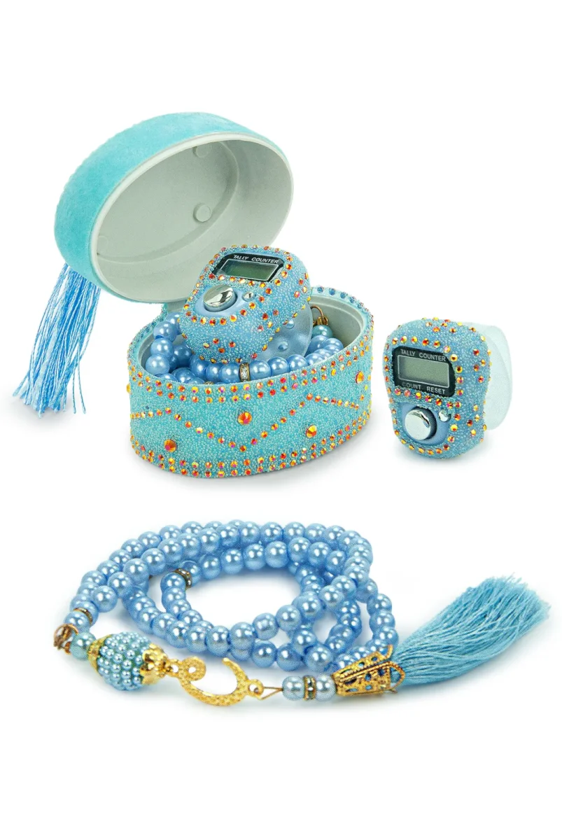 Allah Lafızlı Taş Süslemeli Püsküllü Kutulu Zikirmatik ve İnci Tesbihli Mevlüt Hediye Seti Mavi - 1