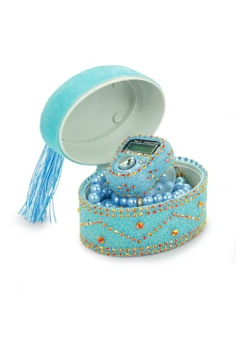 Allah Lafızlı Taş Süslemeli Püsküllü Kutulu Zikirmatik ve İnci Tesbihli Mevlüt Hediye Seti Mavi - ihvanonline (1)