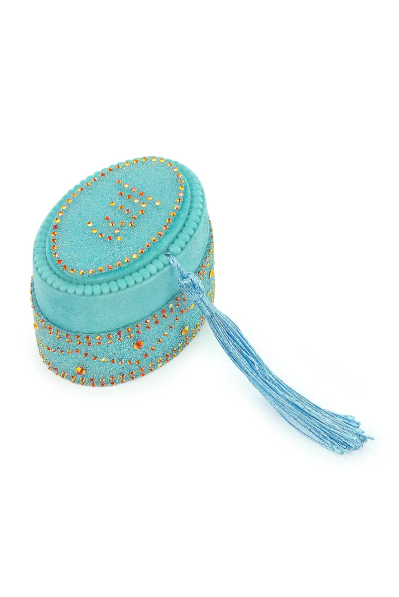 Allah Lafızlı Taş Süslemeli Püsküllü Kutulu Zikirmatik ve İnci Tesbihli Mevlüt Hediye Seti Mavi - 3