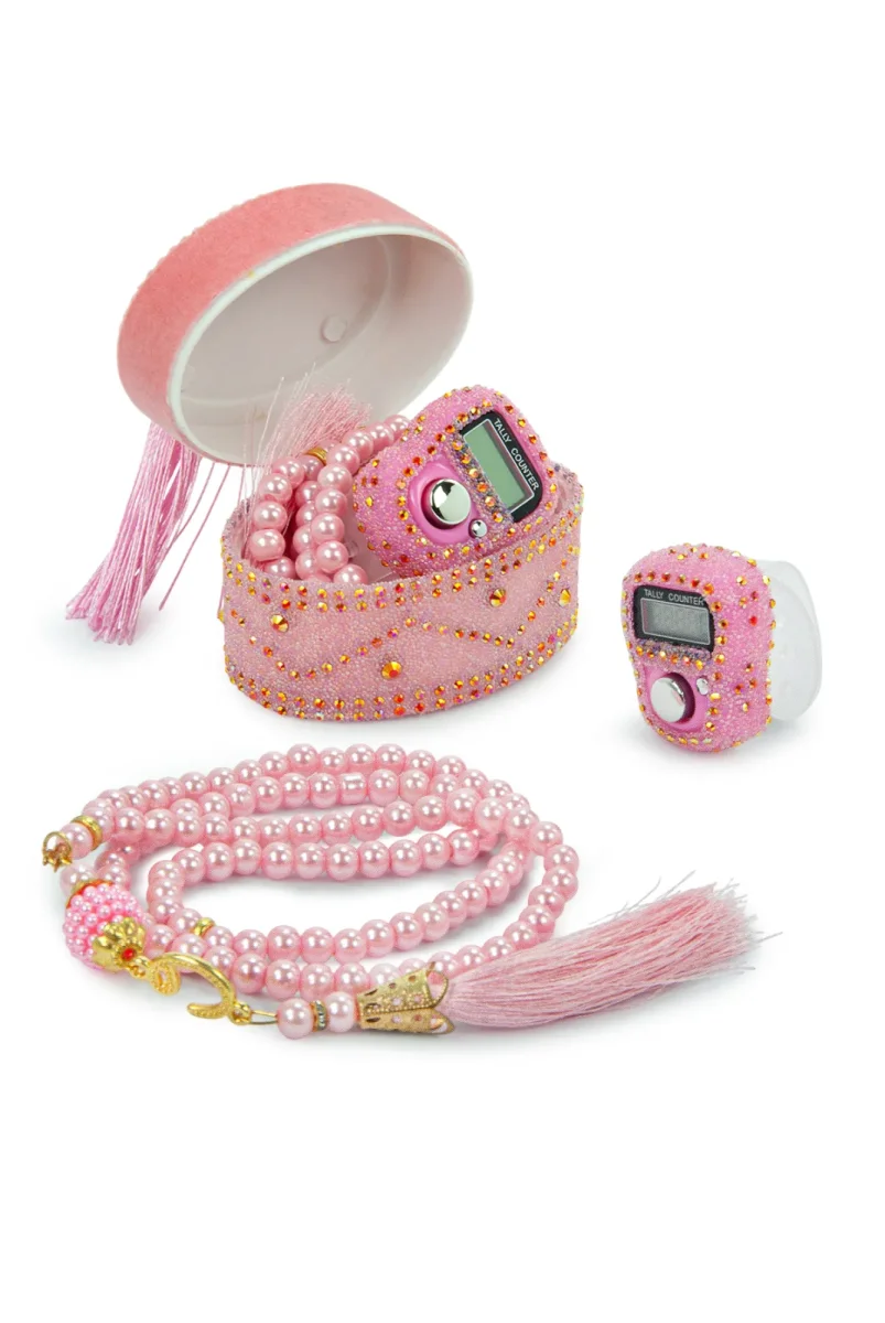 Allah Lafızlı Taş Süslemeli Püsküllü Kutulu Zikirmatik ve İnci Tesbihli Mevlüt Hediye Seti Pembe - 1