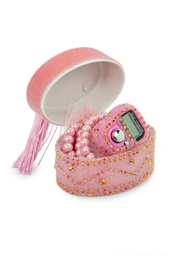 Allah Lafızlı Taş Süslemeli Püsküllü Kutulu Zikirmatik ve İnci Tesbihli Mevlüt Hediye Seti Pembe - ihvanonline (1)