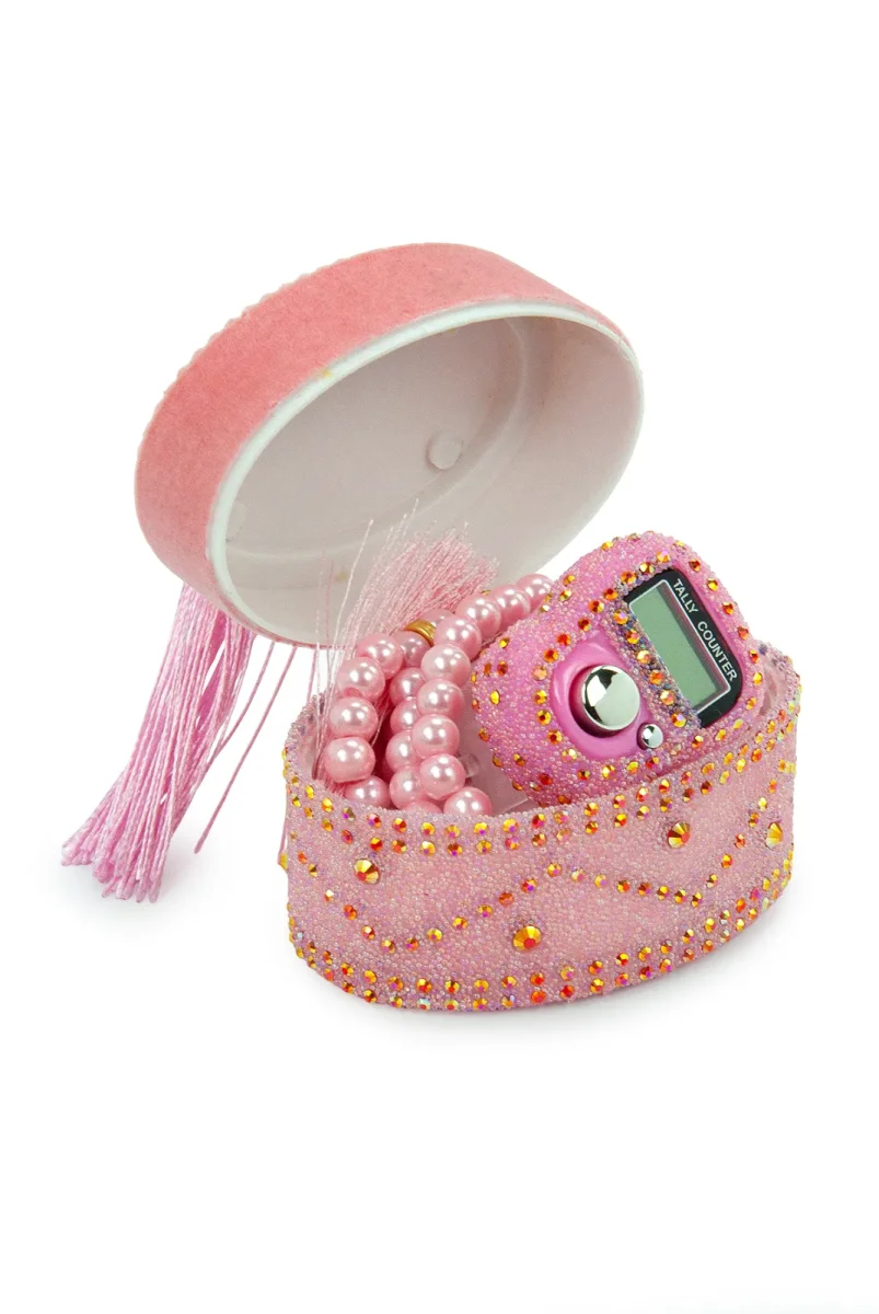 Allah Lafızlı Taş Süslemeli Püsküllü Kutulu Zikirmatik ve İnci Tesbihli Mevlüt Hediye Seti Pembe - 2