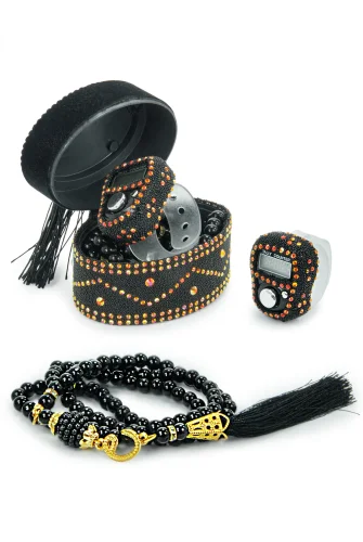 Allah Lafızlı Taş Süslemeli Püsküllü Kutulu Zikirmatik ve İnci Tesbihli Mevlüt Hediye Seti Siyah 