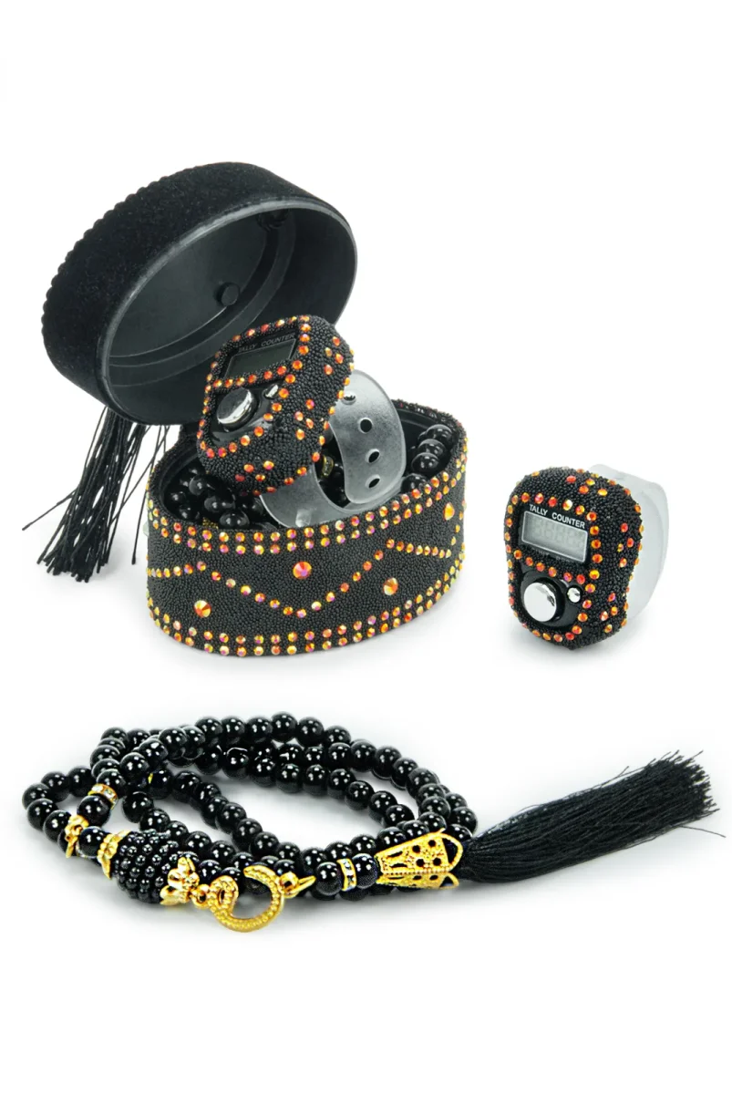 Allah Lafızlı Taş Süslemeli Püsküllü Kutulu Zikirmatik ve İnci Tesbihli Mevlüt Hediye Seti Siyah - 1