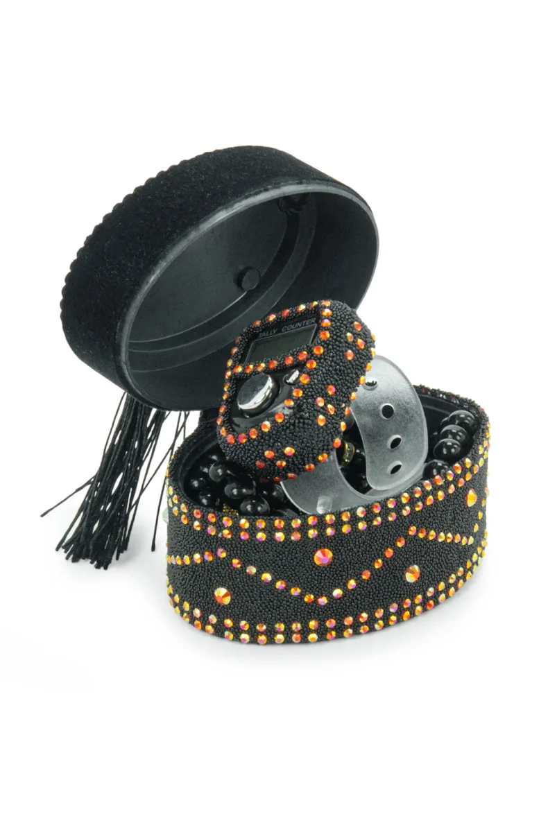 Allah Lafızlı Taş Süslemeli Püsküllü Kutulu Zikirmatik ve İnci Tesbihli Mevlüt Hediye Seti Siyah - 2