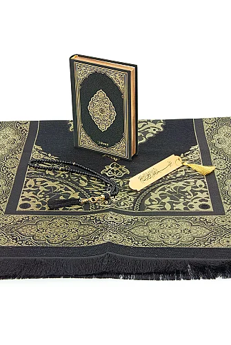 Altın Yaldız Detaylı Arapça Kuranı Kerim Tafta Seccade Tesbih Hediyelik Seti - Siyah - 3