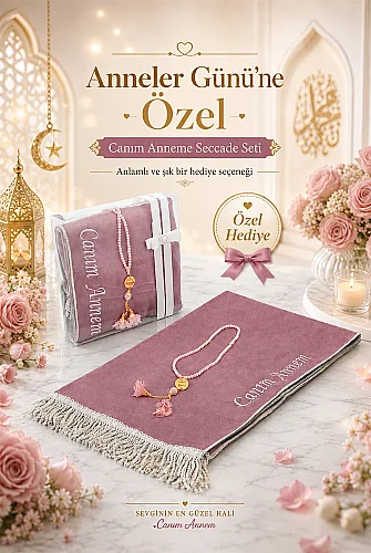Anneler Günü Hediyesi İsimli Kabe İşlemeli Kadife Seccade Seti – Kutulu İnci Tesbihli - Pembe - 1