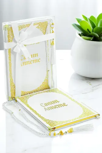 Anneye Hediye Kutulu İnci Tesbihli Ciltli Yasin Kitabı Seti Beyaz - 1