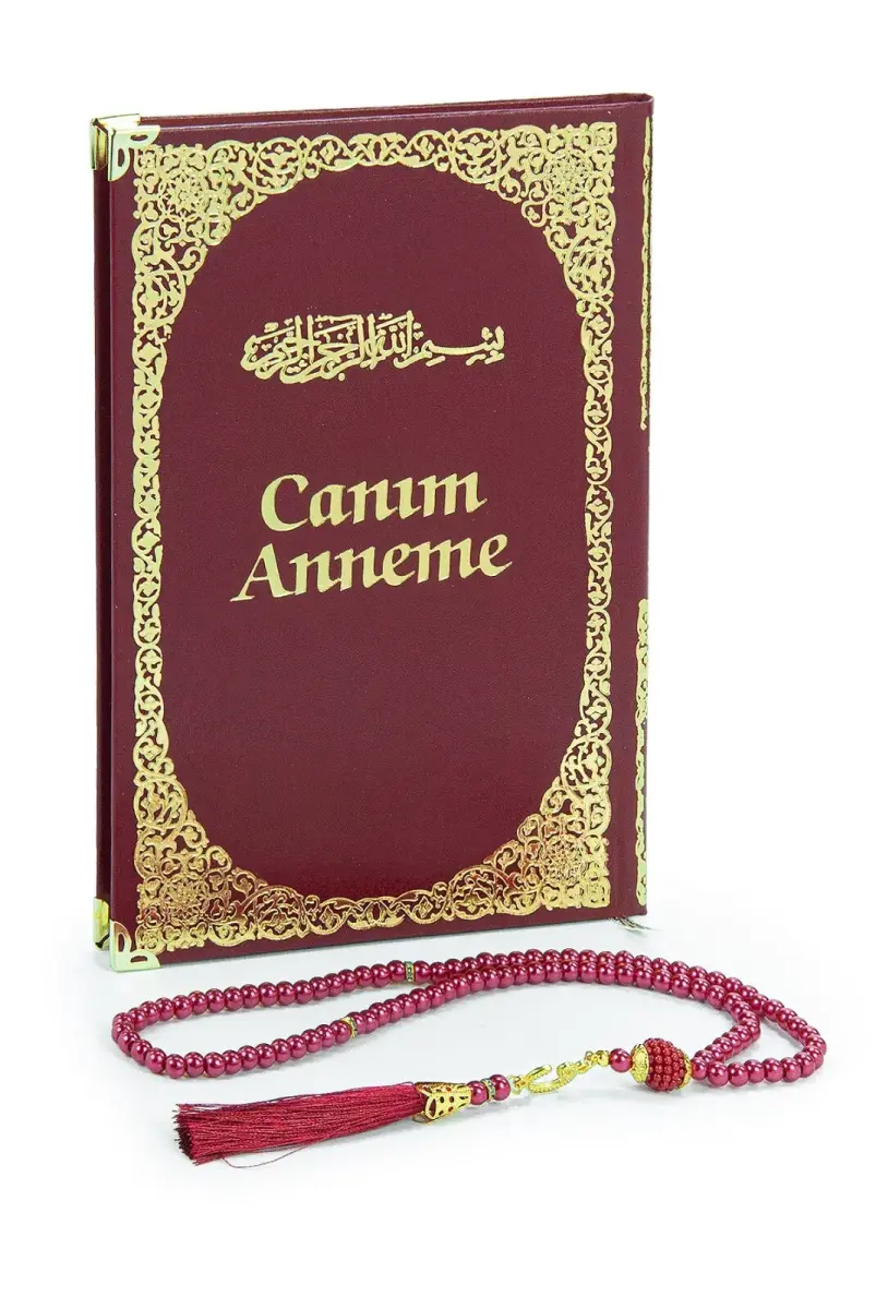 Anneye Hediye Kutulu İnci Tesbihli Ciltli Yasin Kitabı Seti Bordo - 3