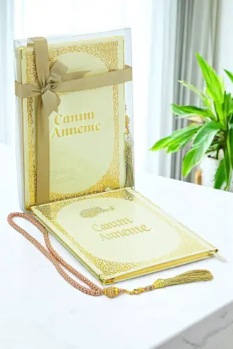 Anneye Hediye Kutulu İnci Tesbihli Ciltli Yasin Kitabı Seti Krem 