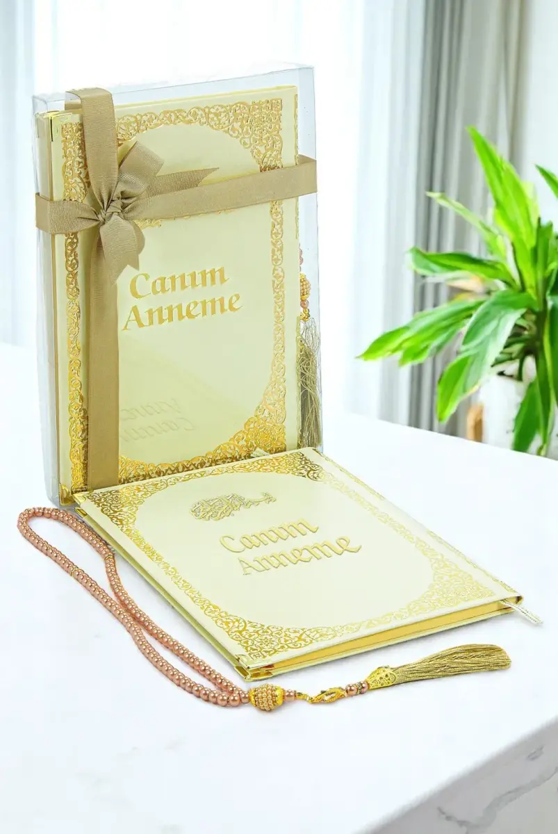 Anneye Hediye Kutulu İnci Tesbihli Ciltli Yasin Kitabı Seti Krem - 1