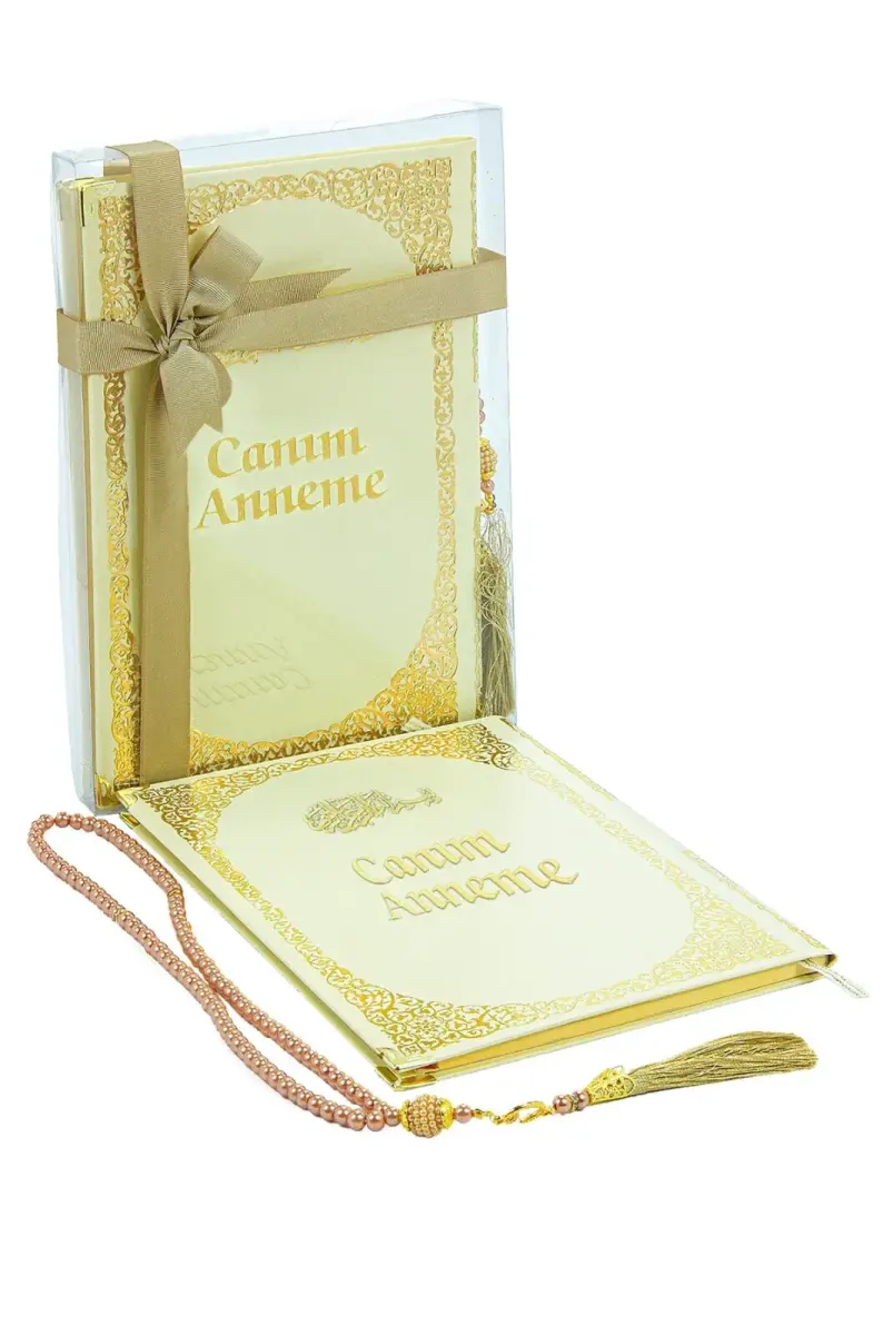 Anneye Hediye Kutulu İnci Tesbihli Ciltli Yasin Kitabı Seti Krem - 2