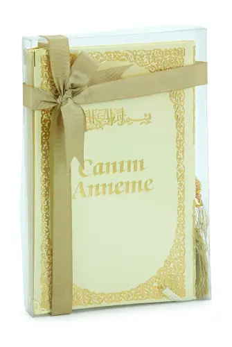 Anneye Hediye Kutulu İnci Tesbihli Ciltli Yasin Kitabı Seti Krem - 3