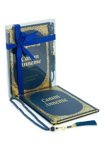 Anneye Hediye Kutulu İnci Tesbihli Ciltli Yasin Kitabı Seti Lacivert - 1