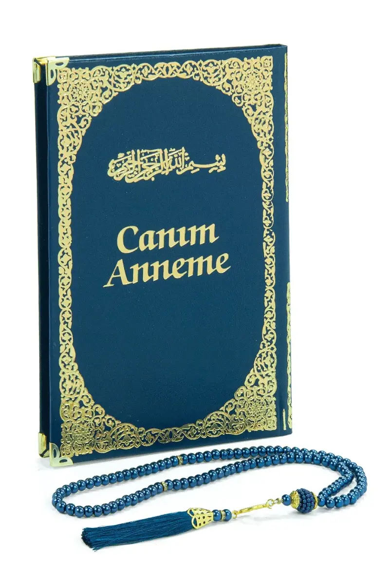 Anneye Hediye Kutulu İnci Tesbihli Ciltli Yasin Kitabı Seti Lacivert - 3