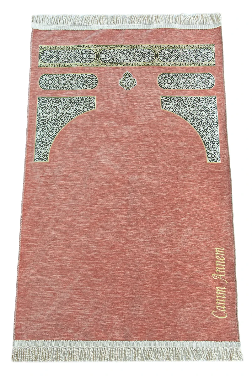 Anneler Günü Hediyesi Nakış İşlemeli Kabe Desenli İsimli Şönil Seccade - Pembe - 1