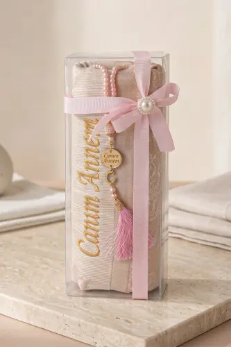 Anneler Gününe Özel Canım Annem Nakışlı Tesbihli Hediyelik Seccade Seti - 1