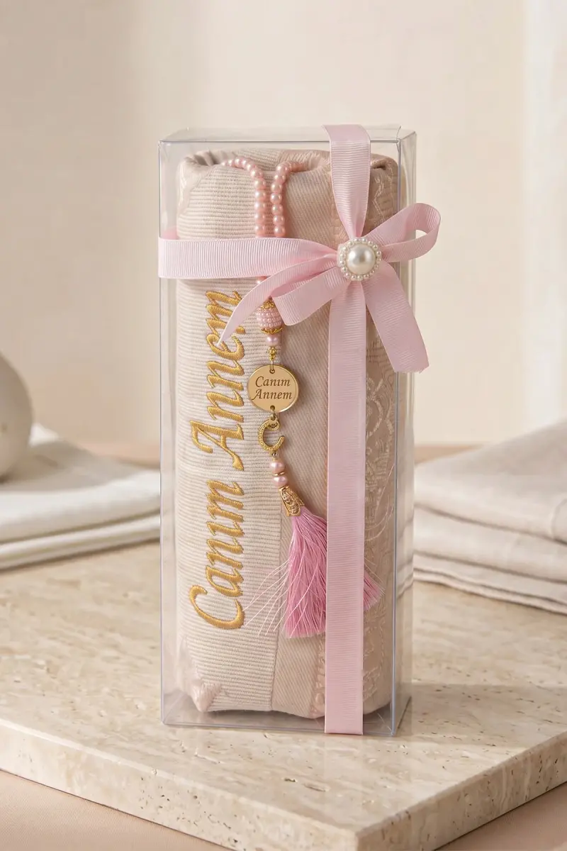 Anneler Gününe Özel Canım Annem Nakışlı Tesbihli Hediyelik Seccade Seti - 1