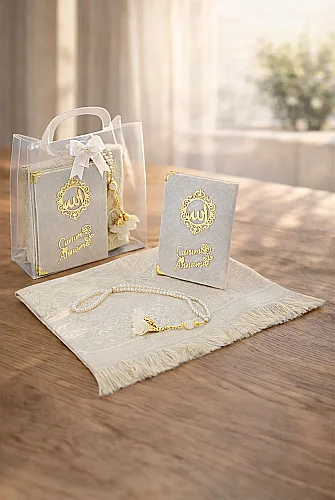 Anneler Gününe Özel Çantalı Kadife Kaplı Yasin Kitabı Tesbih Seccade Seti Beyaz - 1