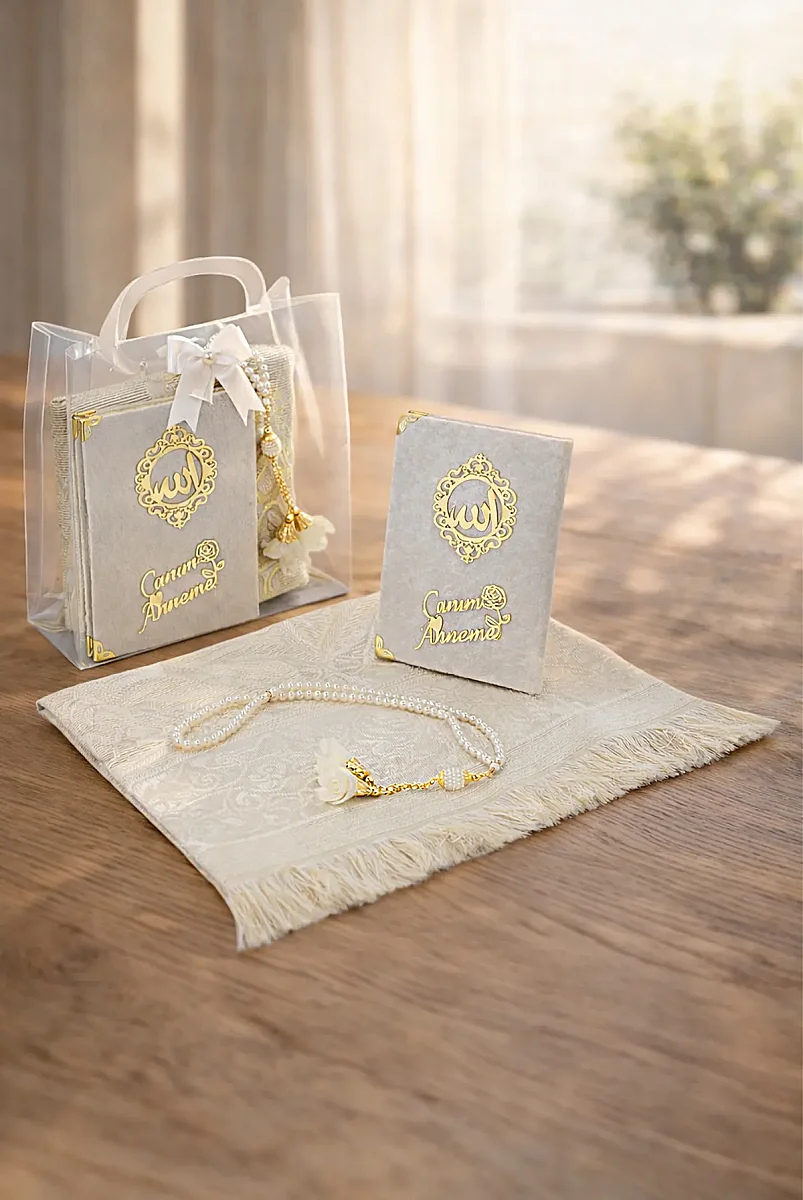 Anneler Gününe Özel Çantalı Kadife Kaplı Yasin Kitabı Tesbih Seccade Seti Beyaz - 1