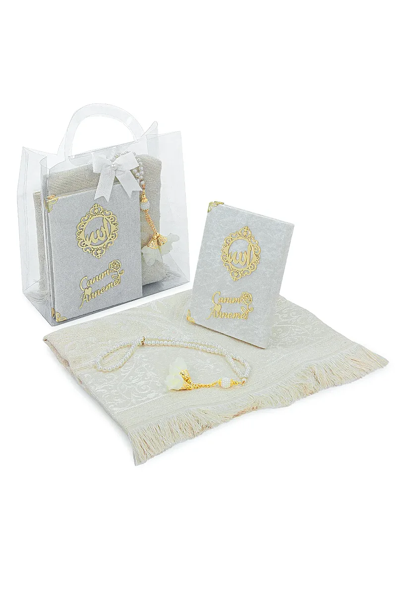 Anneler Gününe Özel Çantalı Kadife Kaplı Yasin Kitabı Tesbih Seccade Seti Beyaz - 2