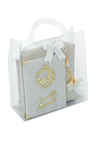 Anneler Gününe Özel Çantalı Kadife Kaplı Yasin Kitabı Tesbih Seccade Seti Beyaz - 3