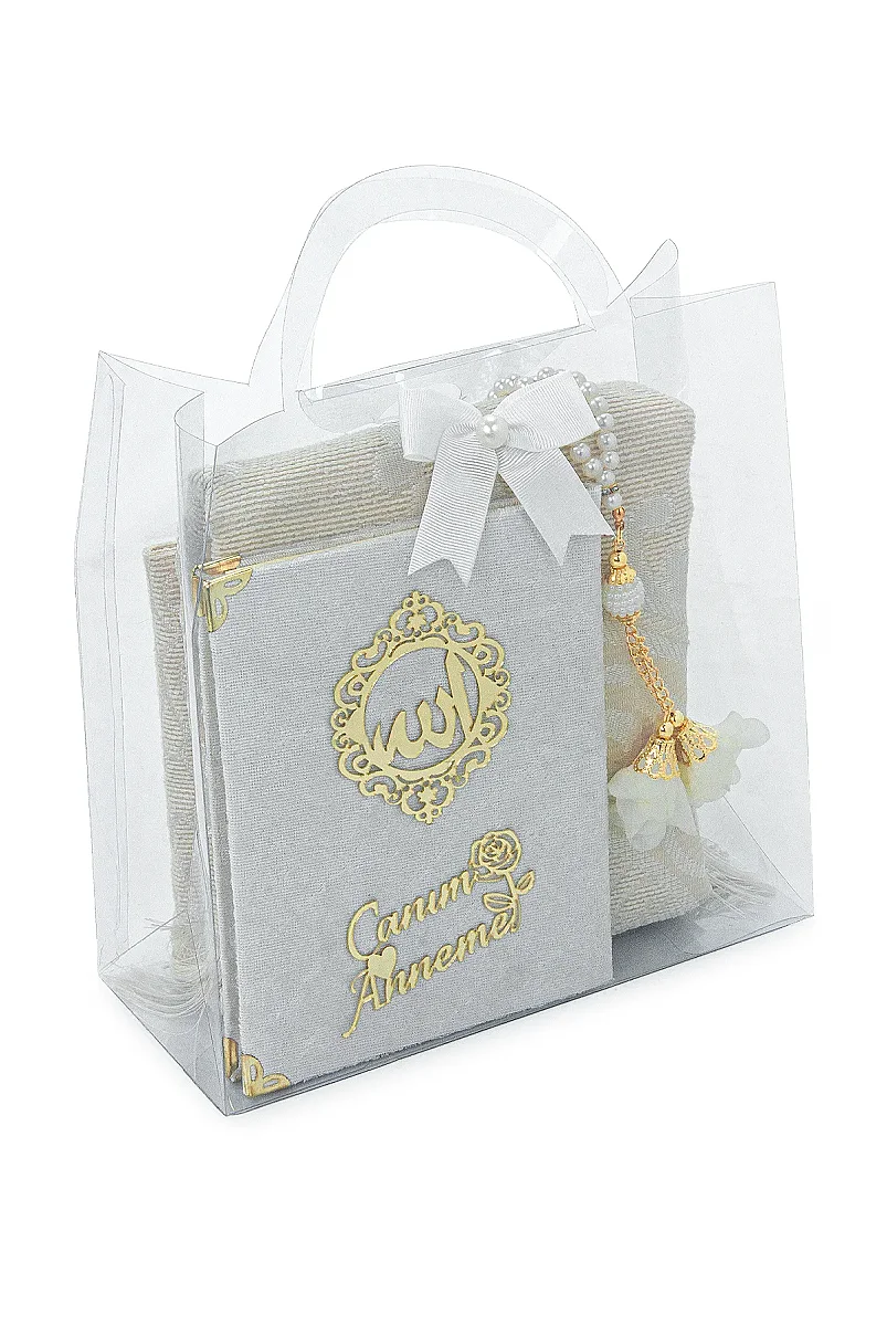 Anneler Gününe Özel Çantalı Kadife Kaplı Yasin Kitabı Tesbih Seccade Seti Beyaz - 3