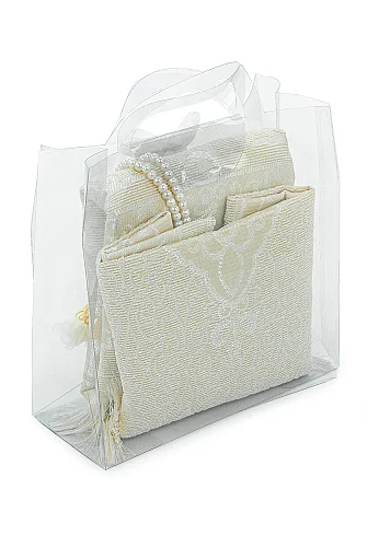 Anneler Gününe Özel Çantalı Kadife Kaplı Yasin Kitabı Tesbih Seccade Seti Beyaz - 4