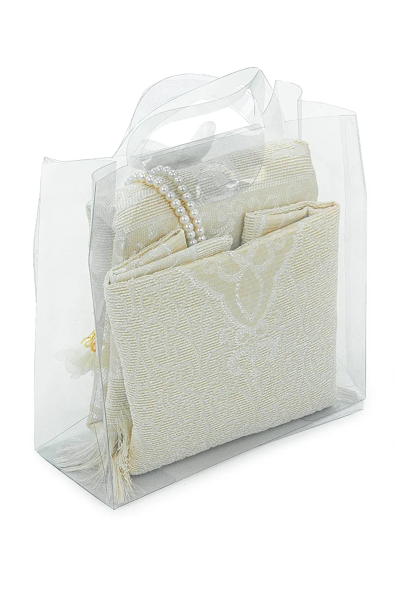 Anneler Gününe Özel Çantalı Kadife Kaplı Yasin Kitabı Tesbih Seccade Seti Beyaz - 4