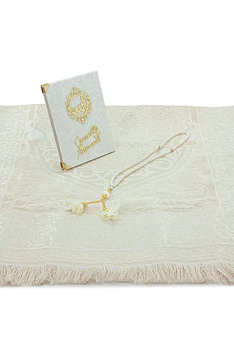 Anneler Gününe Özel Çantalı Kadife Kaplı Yasin Kitabı Tesbih Seccade Seti Beyaz - 5