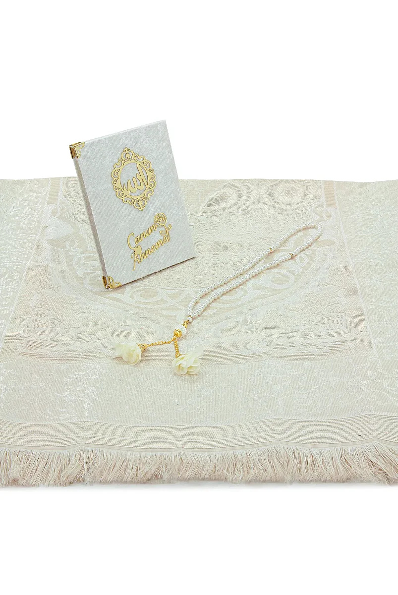 Anneler Gününe Özel Çantalı Kadife Kaplı Yasin Kitabı Tesbih Seccade Seti Beyaz - 5