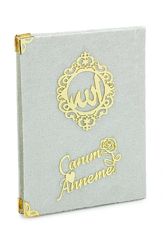 Anneler Gününe Özel Çantalı Kadife Kaplı Yasin Kitabı Tesbih Seccade Seti Beyaz - 6