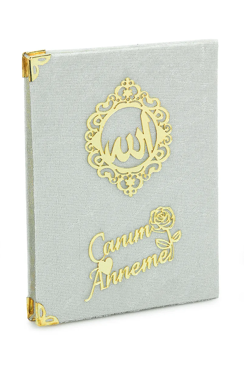 Anneler Gününe Özel Çantalı Kadife Kaplı Yasin Kitabı Tesbih Seccade Seti Beyaz - 6