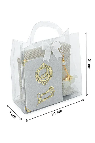 Anneler Gününe Özel Çantalı Kadife Kaplı Yasin Kitabı Tesbih Seccade Seti Beyaz - 8