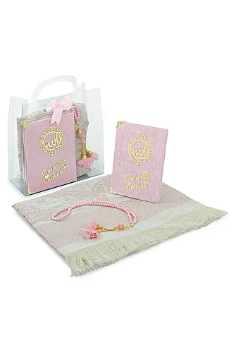 Anneler Gününe Özel Çantalı Kadife Kaplı Yasin Kitabı Tesbih Seccade Seti Pembe - ihvanonline (1)