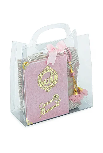 Anneler Gününe Özel Çantalı Kadife Kaplı Yasin Kitabı Tesbih Seccade Seti Pembe - 3