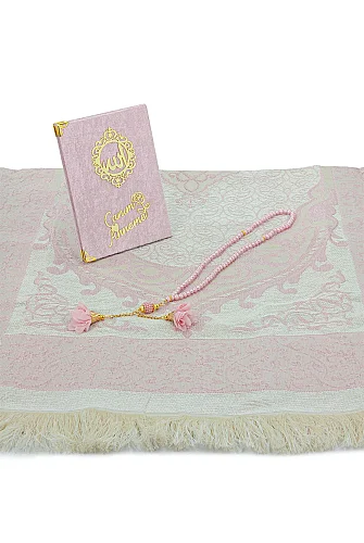 Anneler Gününe Özel Çantalı Kadife Kaplı Yasin Kitabı Tesbih Seccade Seti Pembe - 5