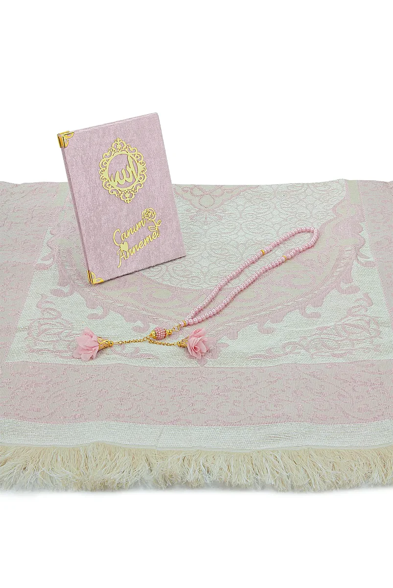 Anneler Gününe Özel Çantalı Kadife Kaplı Yasin Kitabı Tesbih Seccade Seti Pembe - 5