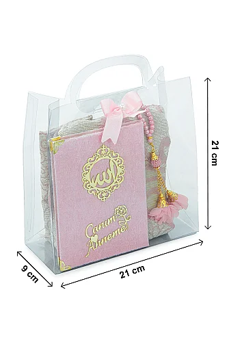 Anneler Gününe Özel Çantalı Kadife Kaplı Yasin Kitabı Tesbih Seccade Seti Pembe - 8