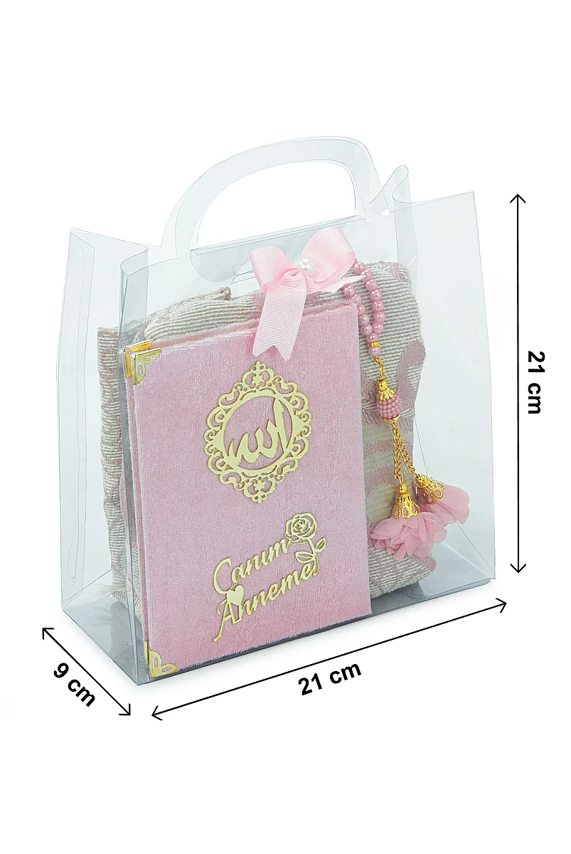 Anneler Gününe Özel Çantalı Kadife Kaplı Yasin Kitabı Tesbih Seccade Seti Pembe - 8