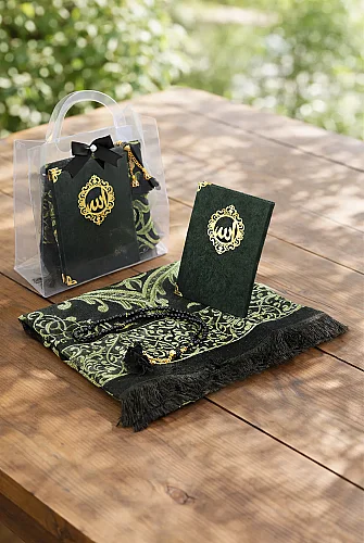 Anneler Gününe Özel Çantalı Kadife Kaplı Yasin Kitabı Tesbih Seccade Seti Siyah 