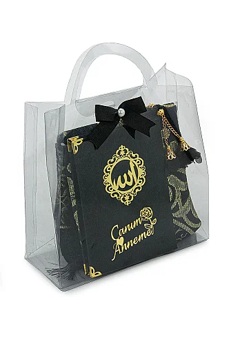 Anneler Gününe Özel Çantalı Kadife Kaplı Yasin Kitabı Tesbih Seccade Seti Siyah - 3