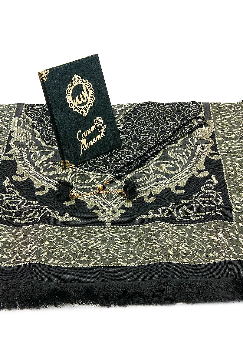 Anneler Gününe Özel Çantalı Kadife Kaplı Yasin Kitabı Tesbih Seccade Seti Siyah - 5