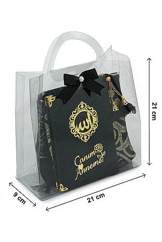 Anneler Gününe Özel Çantalı Kadife Kaplı Yasin Kitabı Tesbih Seccade Seti Siyah - 6