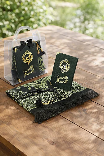 Anneler Gününe Özel Çantalı Kadife Kaplı Yasin Kitabı Tesbih Seccade Seti Siyah 